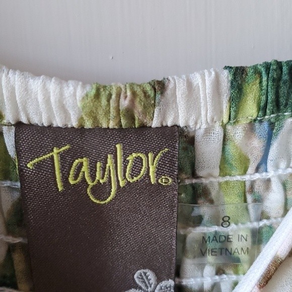 JUST TAYLOR PALM BAMBOO MAXIDRESS GREEN CREAM SIZE 8 EMPIRE WAIST FLUTTER SLEEVE - Picture 5 of 15